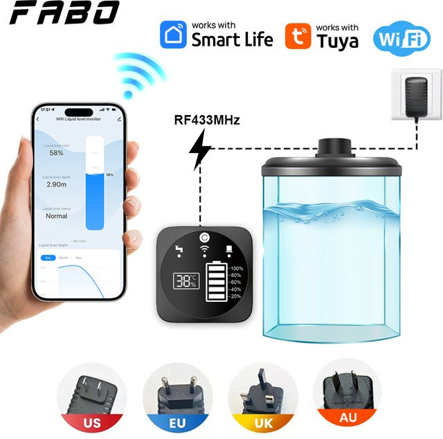 FABO Ultraschall-Tankfüllstandsensor mit Tuya WiFi und RF433MHz zur Flüssigkeitsstand-Überwachung inklusive App-Fernbedienung und Alarmfunktion in Schwarz - Bild 1