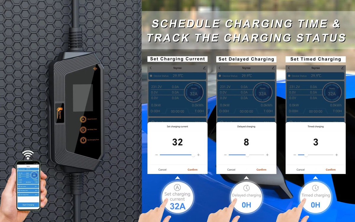 Feyree Einstellbares EV-Ladegerät 7KW 32A mit GBT-Steckdose, Bluetooth-App-Steuerung und Ladezeitsteuerung, Schwarz - Bild 5