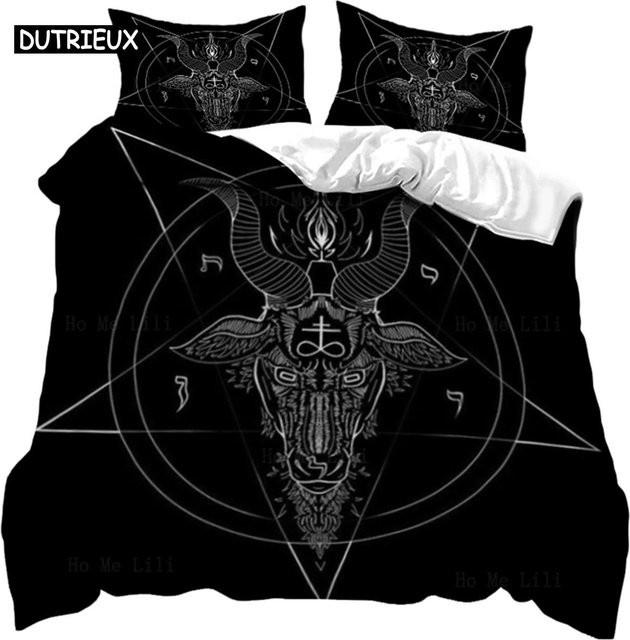 Binchi Bettwäsche-Set mit Satan-Motiv, Ziege und Pentagramm, Schwarz, B/H: 140 x 200 cm - Bild 1