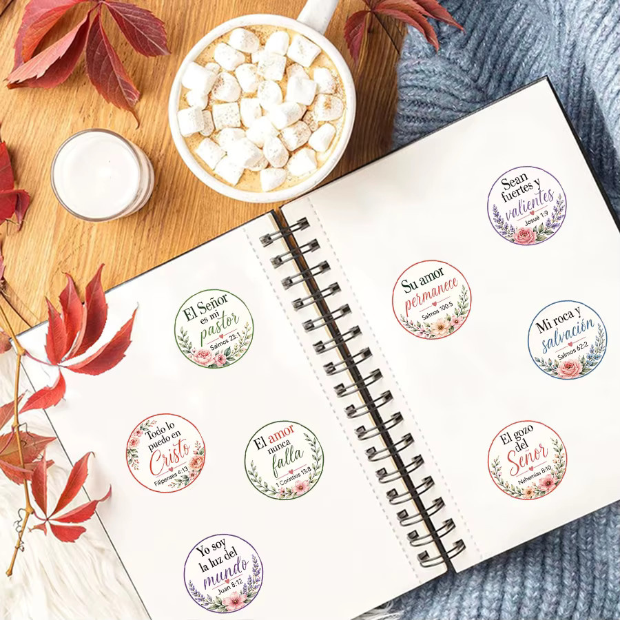 500 Stück Spanische Bibelvers-Aufkleber-Rolle mit 10 floralen Schriftdesigns in Multicolour für Geschenkverpackungen und Tagebücher - Bild 2