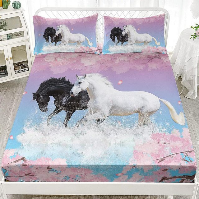 Binchi Fitness Spannbettlaken mit Kissenbezug Pferd Motiv aus Mikrofaser, Mehrfarbig, B/T: 90 x 200 cm, Taschentiefe: 30 cm - Bild 1