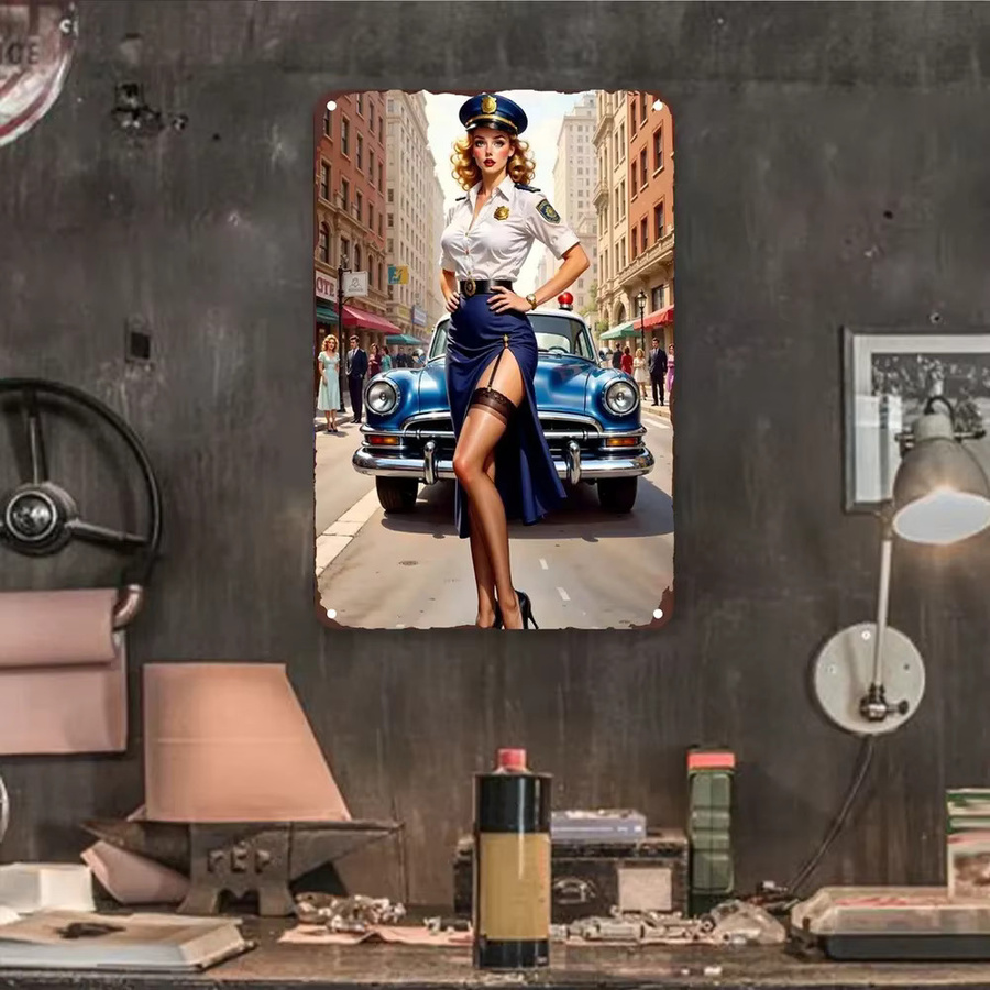 HELLOYOUNG Vintage Metall-Blechschild Wanddekoration mit Blondine in Polizeiuniform und klassischem Auto, Mehrfarbig, Rechteckig - Bild 5