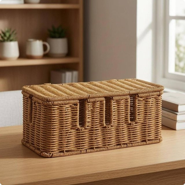 HomeVibe Kabelmanagementbox mit Deckel aus geflochtener Rattan-Schnur in Beige und Braun mit fünf Öffnungen - Bild 1