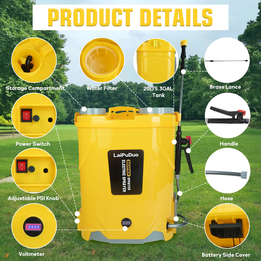 LaiPuDuo Akku-Rückensprühgerät 20L Gelb, Elektrisches Gartensprühgerät mit 100PSI und 4 Düsen, kompatibel mit Dewalt 20V Akku - Bild 5
