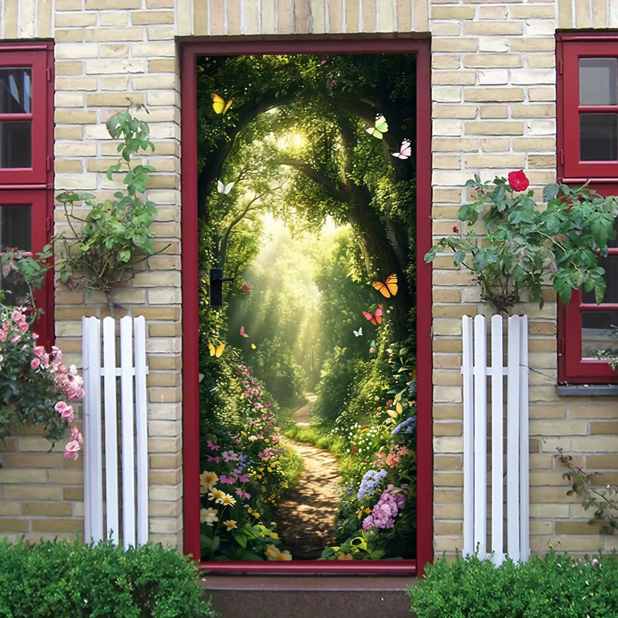 Selbstklebender Türaufkleber mit Waldmotiv, Schmetterlinge und Sonnenschein in Mehrfarbig - Bild 5