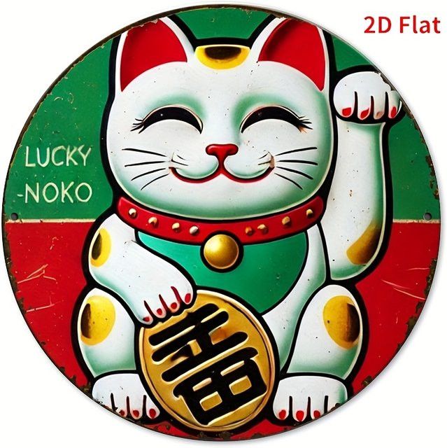 Potdemiel Vintage Maneki-Neko Metall-Schild Lucky Cat runde Wandkunst aus Eisen Durchmesser: 20 cm - Bild 1