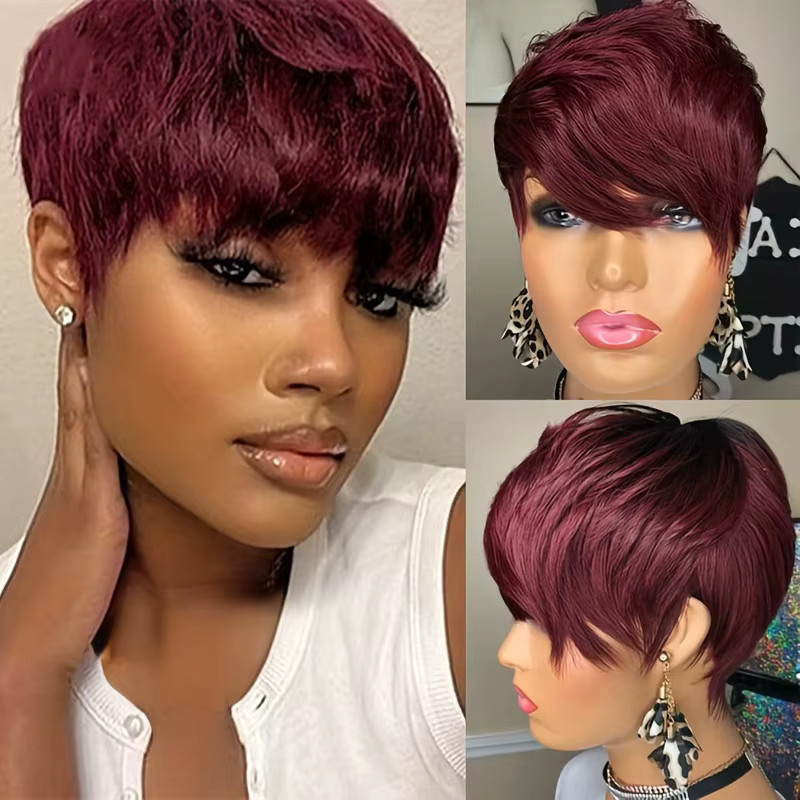 Lolely Dream Perücke, Bob Pixie Cut mit Pony, Rot Burgund, Echthaar, Damen - Bild 3