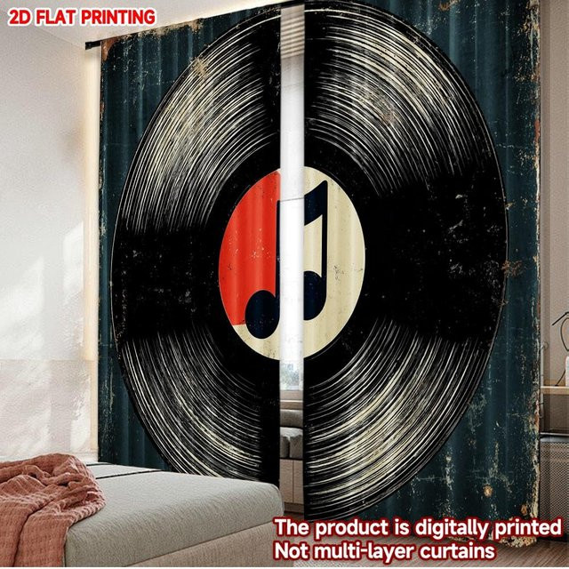 Tonnika Chen Vorhang-Set mit Vinyl-Schallplatten und Musiknoten-Muster in Rot, Weiß und Schwarz, Digitaldruck, Polyester, B: 100 cm, H: 70 cm - Bild 1