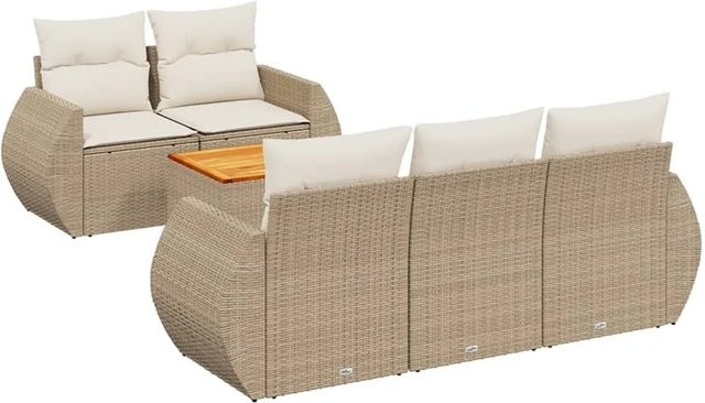 vidaXL 6-teilige Garten-Sofagarnitur aus Poly-Rattan und Akazienholz in Beige und Cremeweiß - Bild 1