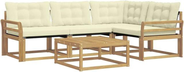 vidaXL Outdoor-Sofagarnitur aus Akazienholz in L-Form mit 5 Teilen, Weiß und Beige, inklusive Polster und Textilene-Elementen, B/T/H: 79 x 79 x 37 cm - Bild 1