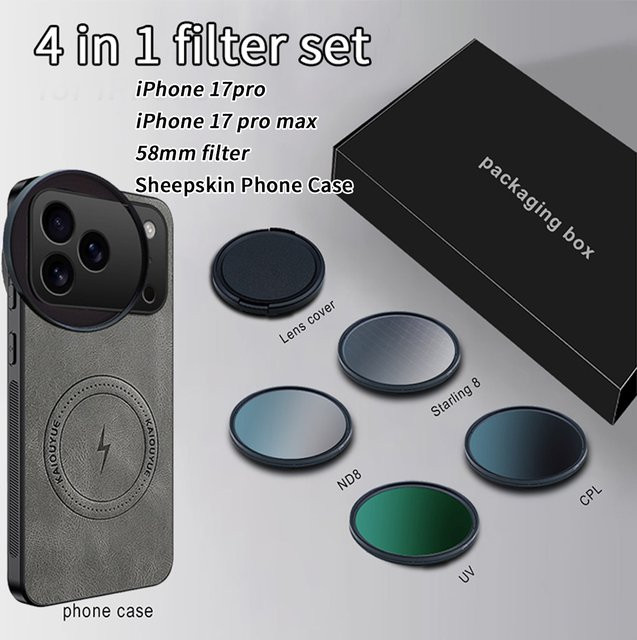 Magnetische MagSafe-Handyhülle aus Schaffellleder mit 58-mm-Filteradapter und 4 Fotoobjektivfiltern für iPhone 17 Pro und iPhone 17 Pro Max, Farbe: Grau - Bild 1