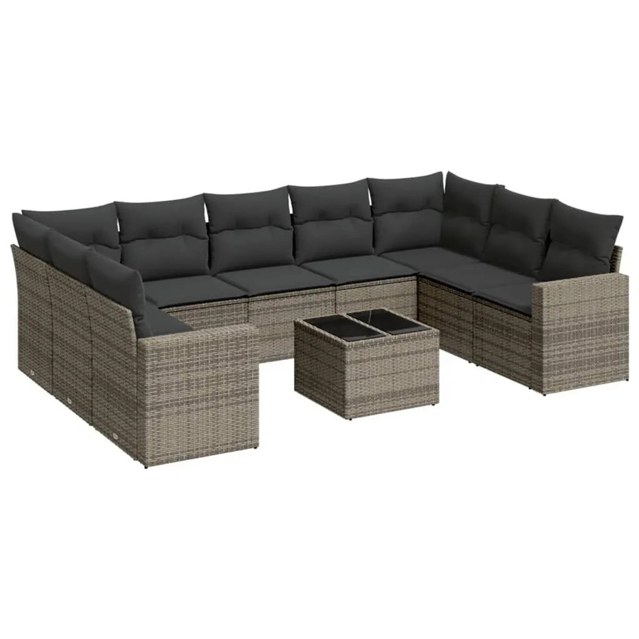 vidaXL 10-tlg. Garten-Sofagarnitur in L-Form aus grauem PE-Rattan mit Kissen und pulverbeschichtetem Stahlgestell - Bild 2