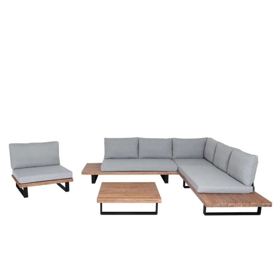 MCW Garten-Lounge-Set H54 mit Sofa und Sesseln aus Akazienholz und Aluminium, Hellbraun mit hellgrauen Spun Poly Polstern - Bild 3