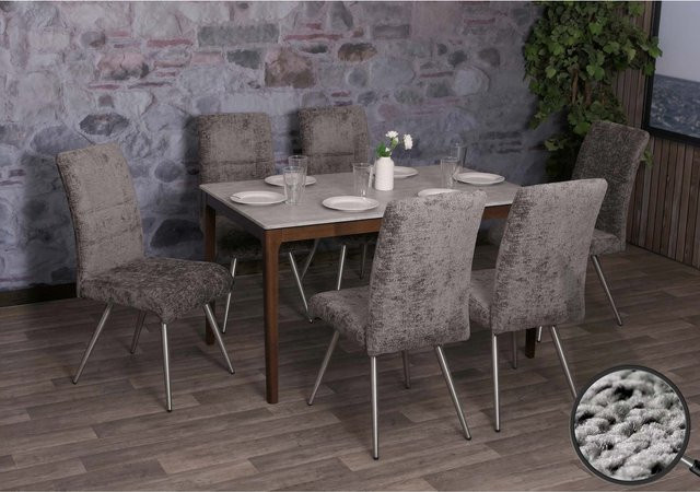 6er-Set MCW Esszimmerstuhl G55 in Dunkelgrau mit Chenille-Stoff und gebürstetem Edelstahl - Bild 1