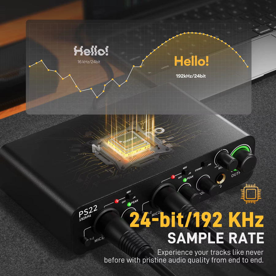 Maono PS22 USB-Audio-Interface in Schwarz mit 60dB Pro-Preamp, 24Bit 192kHz und Dual-USB-Schnittstelle für PC und Smartphone zur Musikproduktion, Podcast und Streaming - Bild 2