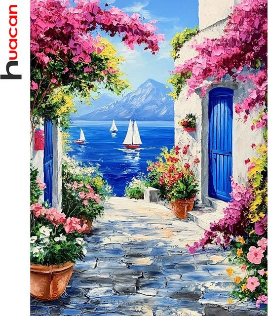 Huacan Diamantmalerei Strandhaus mit Blumen und mediterraner Landschaft, Multicolour, B/H/T: 30 x 20 x 20 cm - Bild 1