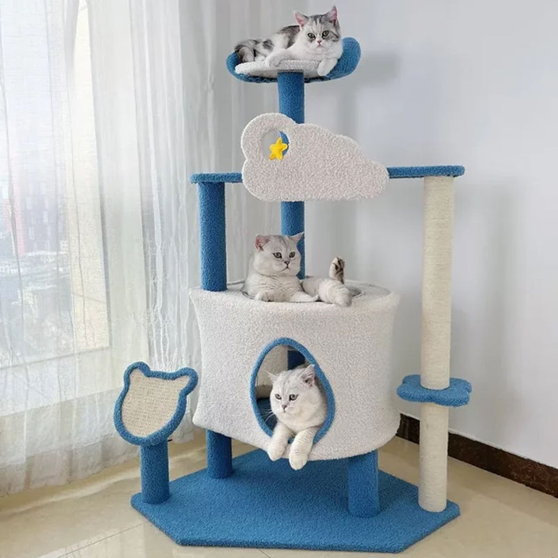 Multifunktionaler Katzenkratzbaum aus Sisal und Textil in Blau, mehrstöckiger Katzen-Kletterrahmen mit Katzenhaus-Turm - Bild 1