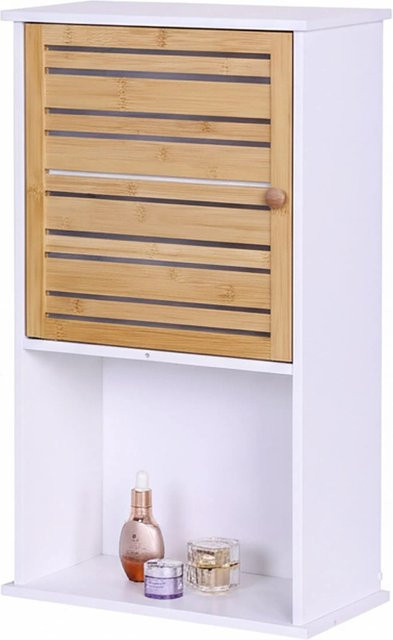 Relaxdays Badschrank aus MDF und Bambus in Weiß und Natur, wandmontiert mit höhenverstellbaren Regalböden, H x B x T: 70 x 40 x 20 cm - Bild 1