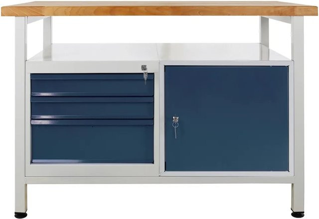 PROREGAL Werkbank Rhino mit Ablagefläche, 3 Schubladen und 1 Tür, H x B x T: 84 x 120 x 60 cm, Anthrazitgrau mit Buche-Arbeitsplatte - Bild 1