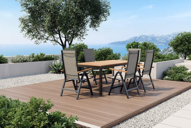 Villana Garten-Essgruppe aus Aluminium, Eukalyptusholz und Textilgewebe in Anthrazit und Naturbelassen, bestehend aus einem Esstisch und 6 Klappstühlen, Tisch Maße: B: 180 cm, T: 90 cm, H: 75 cm (geschätzt basierend auf Standardwerten, da nur B/T im Text) - Bild 1