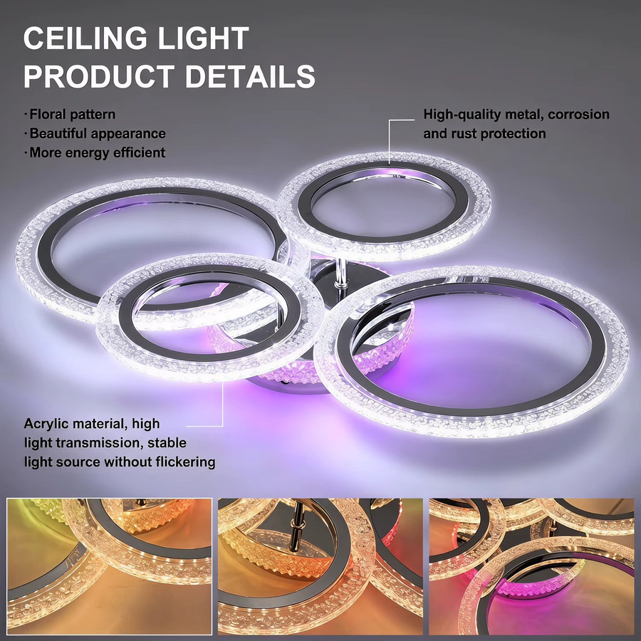Oyajia LED-Deckenleuchte mit 4 Ringen, RGBW, dimmbar mit Fernbedienung, modern, Farbe: Weiß, Durchmesser: 57 cm - Bild 5