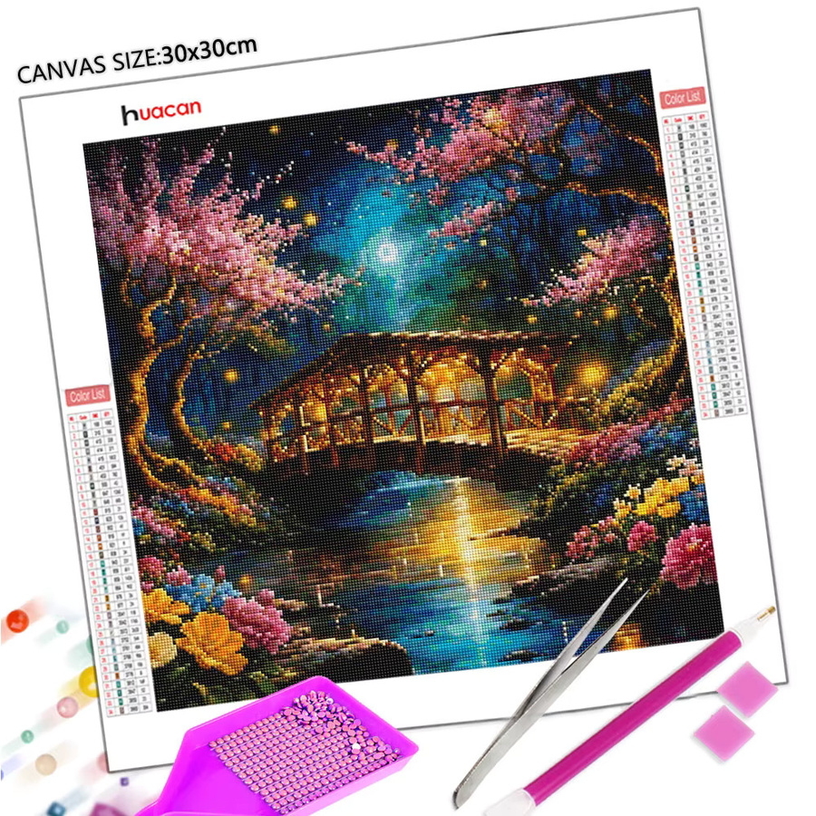 Huacan Diamond Painting Set Landschaft mit Brücke, Fluss und Blumen in Multicolour, B/H: 20 x 20 cm - Bild 2