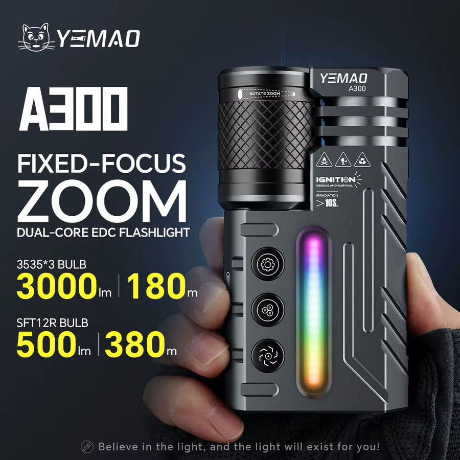 PASIION EDC-Taschenlampe mit 3500 Lumen, Dual-Core LED, Zoomstrahl, RGB-Umgebungslicht, Magnetfuß und USB-C-Aufladung in Schwarz - Bild 2
