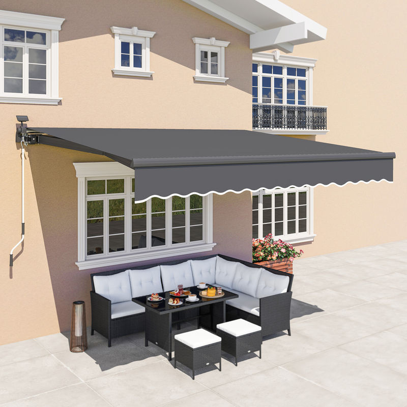 Outsunny Gelenkarmmarkise mit Solar-Beleuchtung und Handkurbel, UV 50 Sonnenschutz für Terrasse und Balkon, Grau, B: 395 cm, T: 300 cm, H: 150 cm - Bild 2
