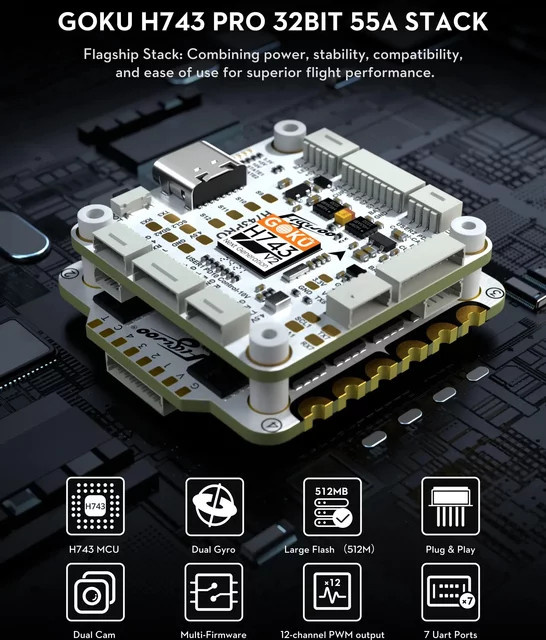 Flywoo GOKU H743 PRO Stack Flugcontroller mit G55M AM32 55A 4in1 ESC 30x30 mm - Bild 1
