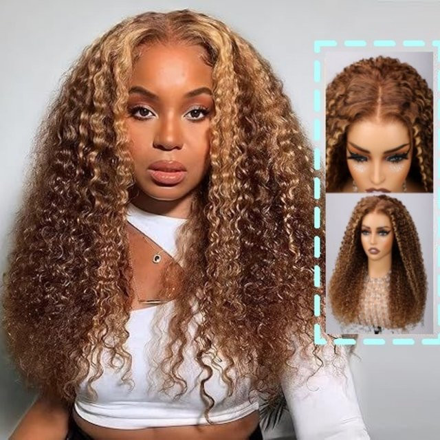 Highlight Ombre Deep Wave Lace Front Perücke aus Echthaar, 26 Zoll, Honigblonde, 200% Dichte, Damen - Bild 1