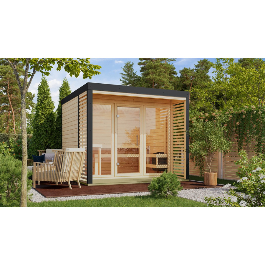 Karibu Saunahaus Seros 3 aus Fichte in Naturbelassen und Anthrazit inklusive 9 kW Ofen mit externer Steuerung - Bild 2