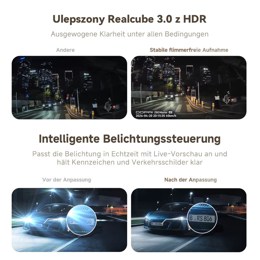 DDPAI Z60Master Dashcam mit 4K UHD Front- und 2K Heckaufzeichnung, Dual HDR Nachtsicht, WiFi6 und GPS, Farbe: Schwarz - Bild 4