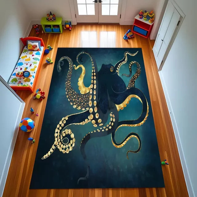Moderner Oktopus-Teppich in Blau und Rot für Wohnzimmer und Schlafzimmer - Bild 1