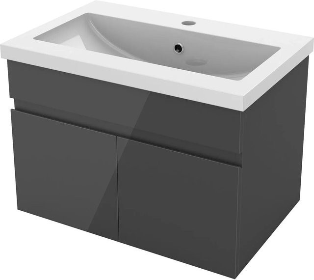 AICA Badmöbel Set BERGEN Waschtisch mit Unterschrank aus Mineralguss in Anthrazit Hochglanz, 2-teilig, Wandmontage, Breite: 60 cm - Bild 1