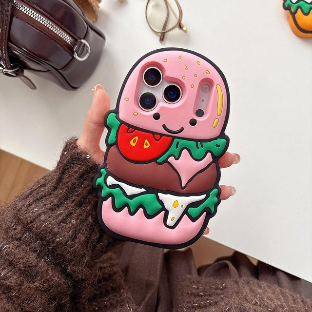 Binchi Health Electronics Kawaii 3D Hamburger Silikon Handyhülle für iPhone 17 16 15 14 13 Pro Max in Rosa - Bild 1