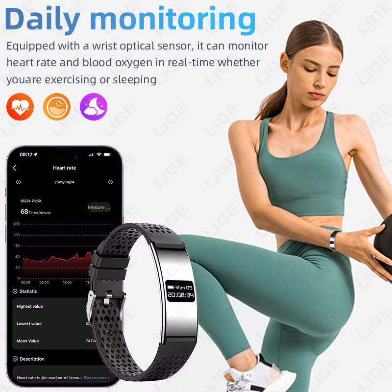 LIGE Smartwatch Fitness-Tracker mit Herzfrequenz- und Stressmonitor, wasserdichtes Smart-Armband mit Anruferinnerung und 2 Armbändern, Farbe: Schwarz - Bild 3