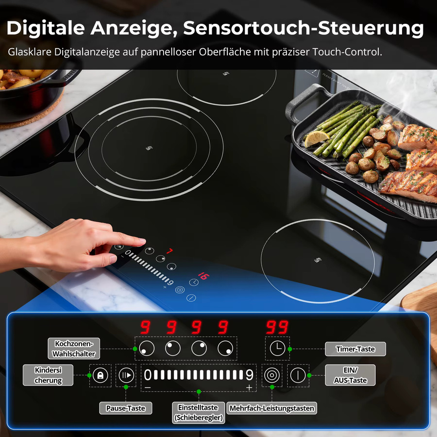 KICHPOWER Keramikkochfeld in Schwarz mit 60 cm Breite, elektrisches Glaskeramikkochfeld mit ovaler und dreifacher Ringzone, 9-stufiger Touch-Steuerung, Timer und Kindersicherung - Bild 6