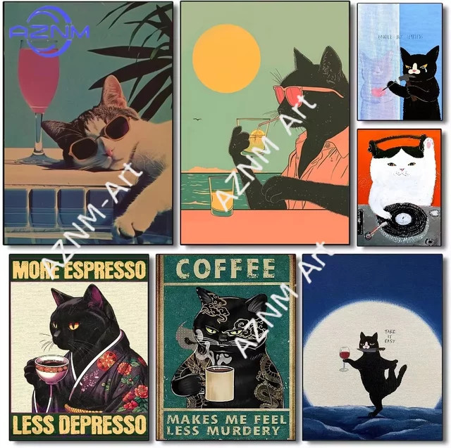 KAYOU Leinwandposter mit Katzen-Slogan im Retro-Stil, Mehrfarbiges Wandbild für Wohnzimmer und Café - Bild 1