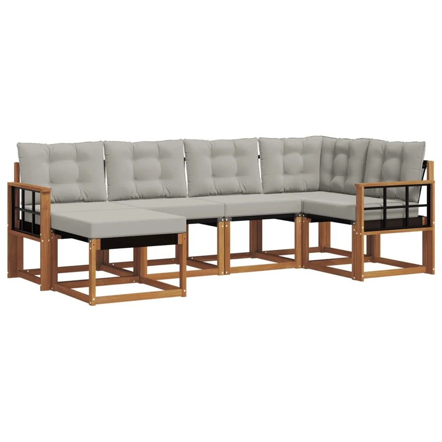 vidaXL Outdoor-Sofagarnitur 6-teilig L-Form aus Akazienholz und Textilene in Natur und Grau mit Kissen und Armlehnen - Bild 2