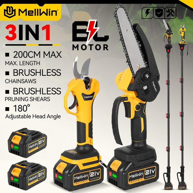 MELLWIN 4-in-1 Gartenpflegewerkzeug Set mit Teleskopstab, 6-Zoll-Kettensäge und 30-mm-Gartenschere für Makita 18V Akku - Bild 1