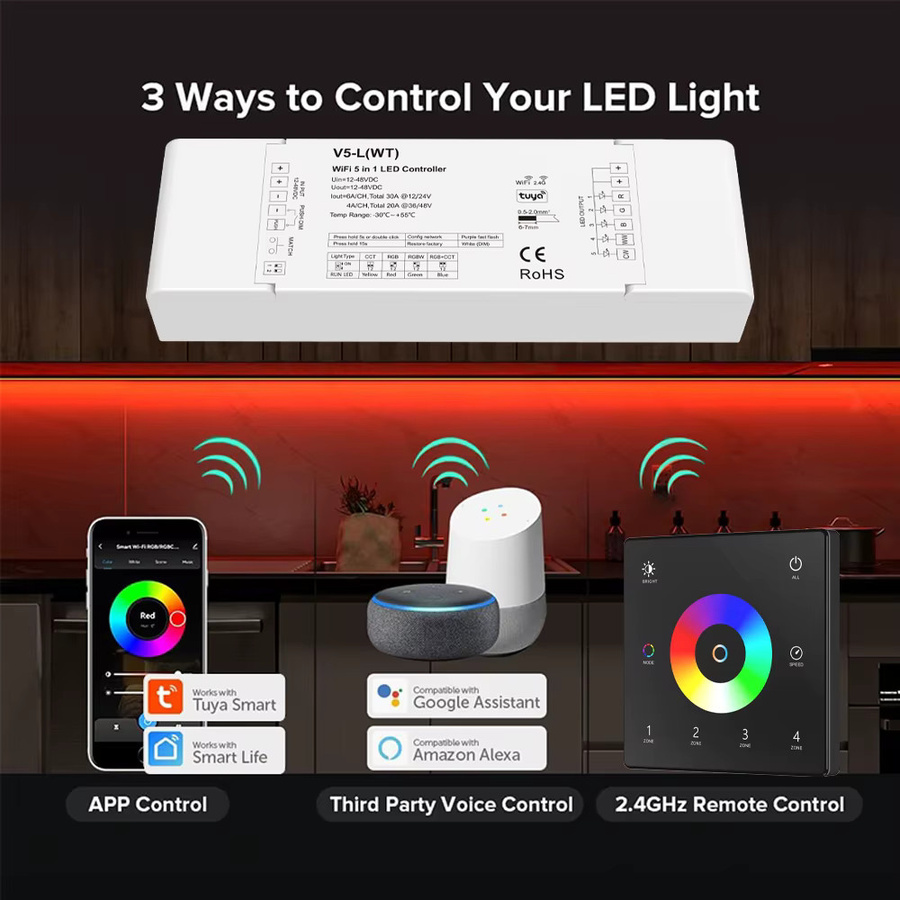CENFAYA 5in1 WiFi LED Controller mit Tuya App Sprachsteuerung und Musikmodus, DC 12V 24V 36V 48V 30A Dimmer mit AC Druckschalter, Farbe Weiß - Bild 3