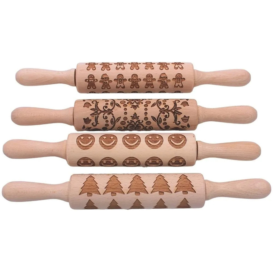 4er Set Holz Teigroller Dekohelden24 mit Gravur für Spekulatius und Plätzchen, Farbe: Braun, L/B/H: 33 x 5 x 5 cm - Bild 2