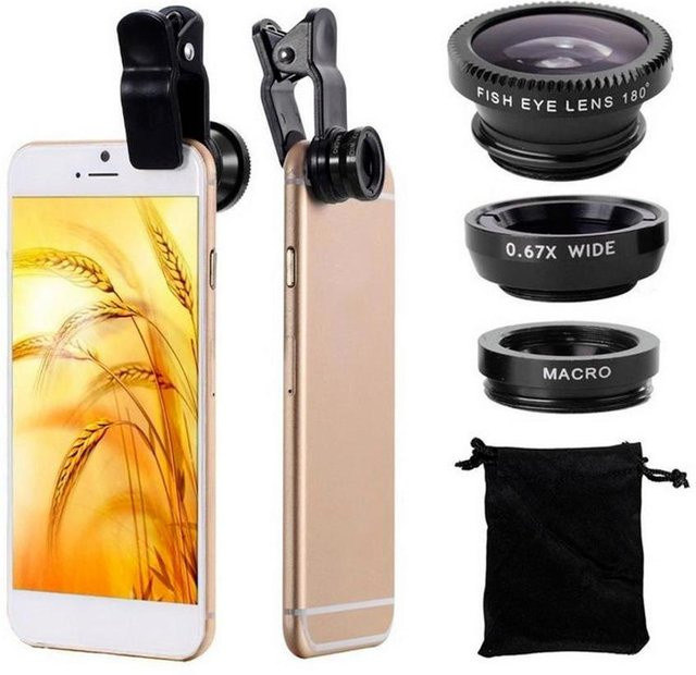 Universal 3-in-1 Clip-On Handy-Objektiv-Kit mit Fishing Eye, Makro und Weitwinkel in Gold - Bild 1