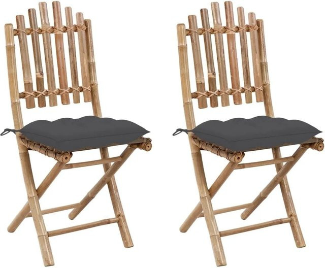 Furnicato Gartenstuhl Set aus 2 Stück, klappbar aus Bambus mit Kissen in Anthrazit, B/T/H: 50 x 42 x 92 cm - Bild 1