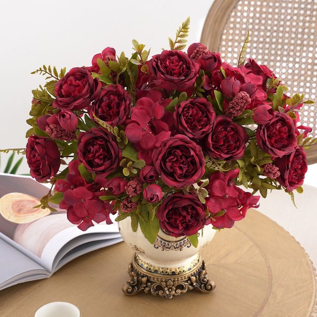 Künstliche Blumen-Girlande aus Seidenhortensien und Rosen in Orange und Rot für Hochzeit, Garten und Home Decor - Bild 1