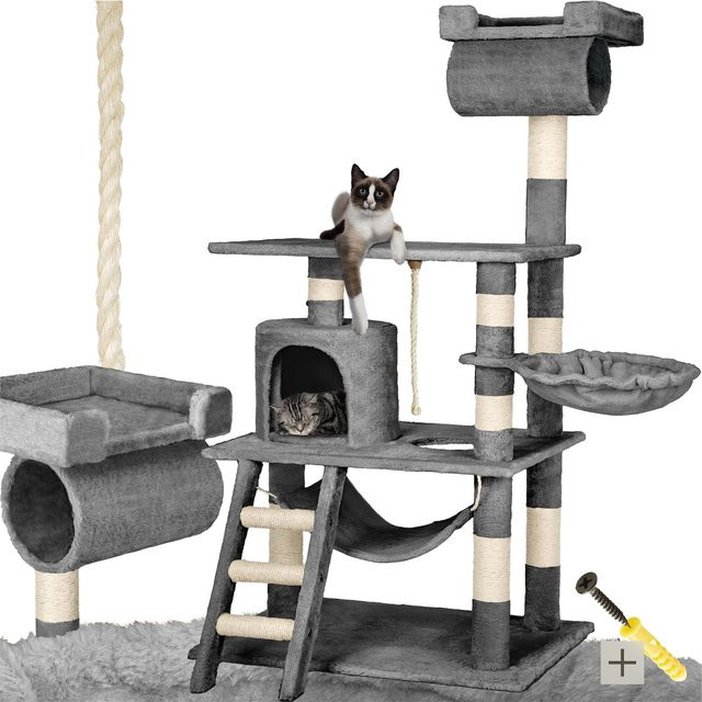tectake Kratzbaum mit Katzenhaus und Spielzeug in Grau, B/T/H: 86 x 49 x 141 cm - Bild 1