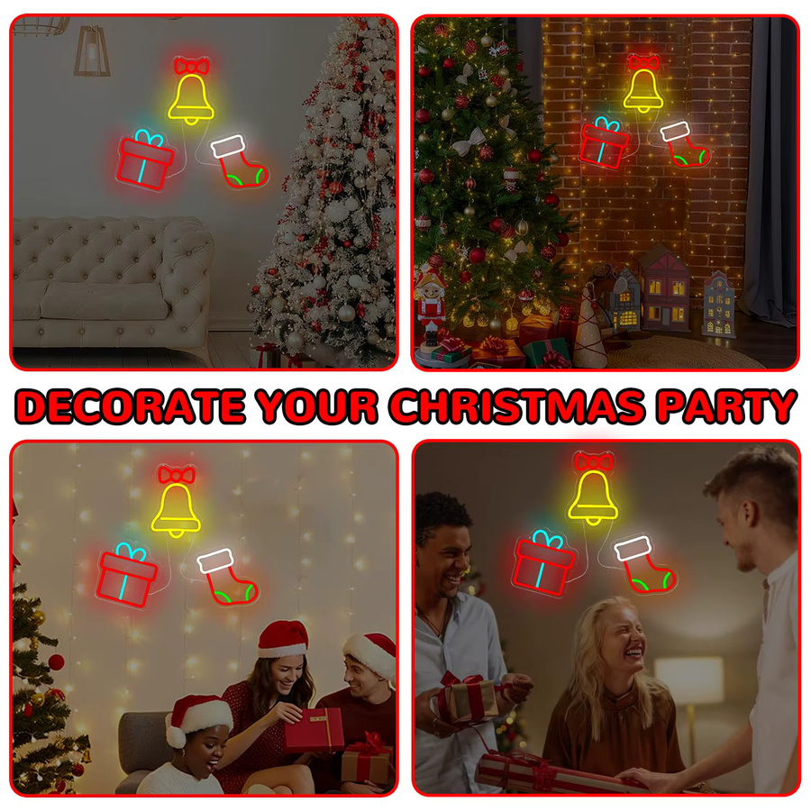 3-teiliges Weihnachts-Leuchtschild für Fenster und Wanddekoration mit Glocken, Geschenkbox und Weihnachtsmann-Strumpf, dimmbar, mehrfarbig - Bild 4
