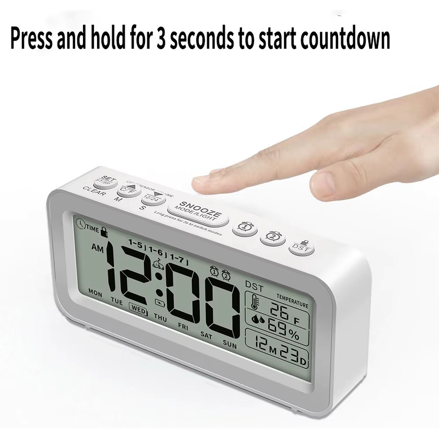 Niditon Digitaler Wecker in Schwarz mit Temperatur-, Luftfeuchtigkeitsanzeige und Countdown sowie LCD-Kalender und Wochentagsanzeige - Bild 3
