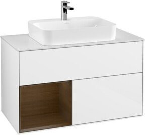 V&B Waschtischunterschrank Finion 100 Wandbeleuchtung in Weiß lackiert mit Regalelement links und Wandventilator B/T/H: 100 x 50,1 x 50,1 cm - Bild 1