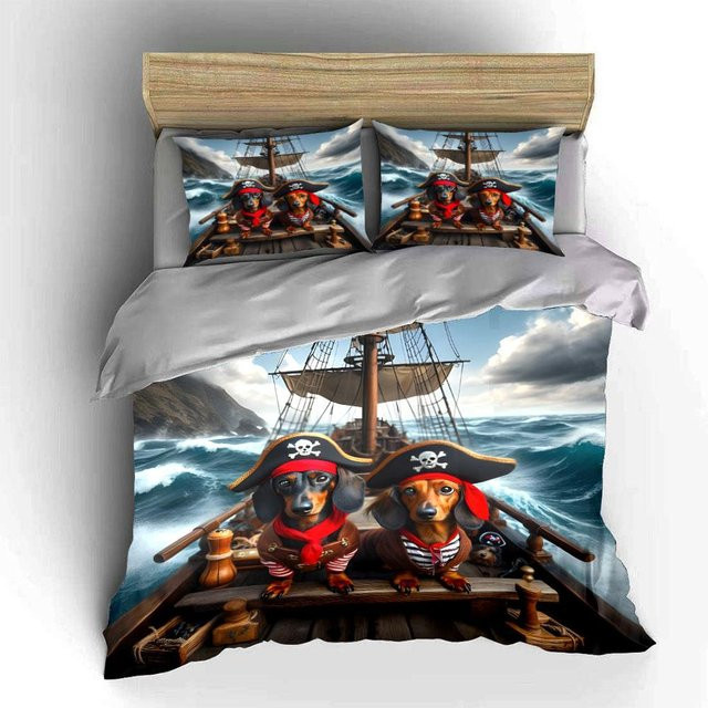 Dreiteiliges Bettwäsche-Set Piratenhund mit Bettbezug und Kissenbezug, Mehrfarbig, B/H: 180 x 210 cm - Bild 1